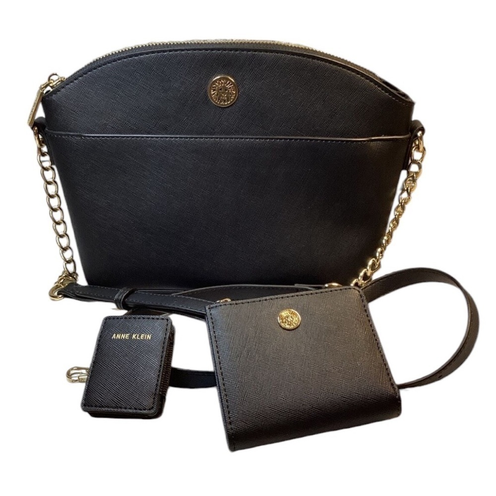 NIB ANNE KLEIN Classic Curved Black Crossbody Bag 3 Piece Gift Set Vegan Leather